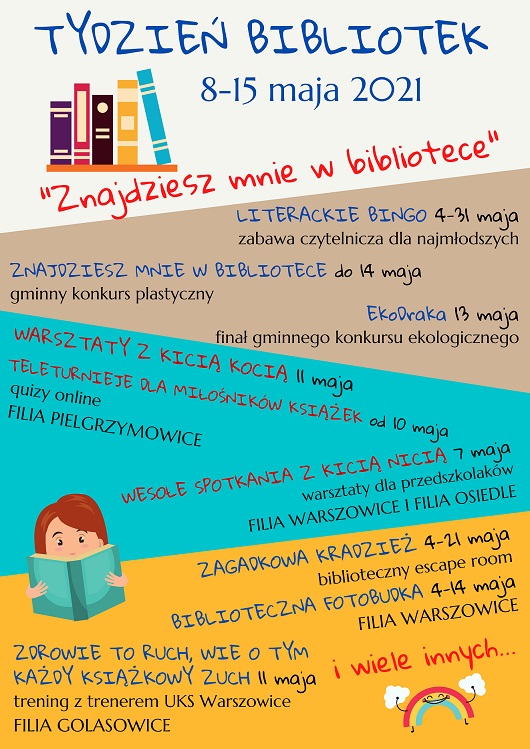 Powiększ: Plakat z dziewczynką i książkami promujący Tydzień Bibliotek 8-15 maj 2021 r. 